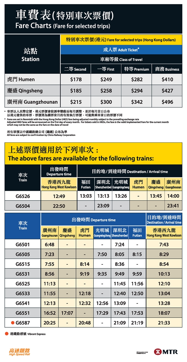 广深港高铁时刻表及票价一览
