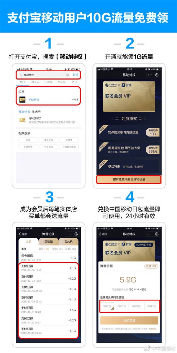 中国移动、支付宝联手送福利：最高免费领10G流量