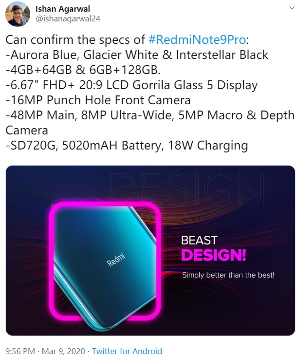 Redmi Note 9 Pro配置参数曝光 骁龙720G处理器和5020mAh电池(redmi note 9 pro参数配置)