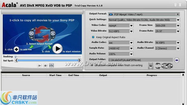 Acala AVI DivX MPEG XviD VOB to PSP v3.0.7