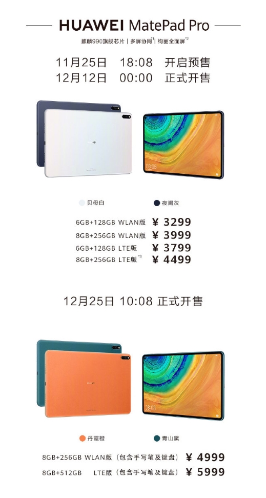 麒麟990、全球最高屏占比!华为MatePad Pro售价公布:3299元起